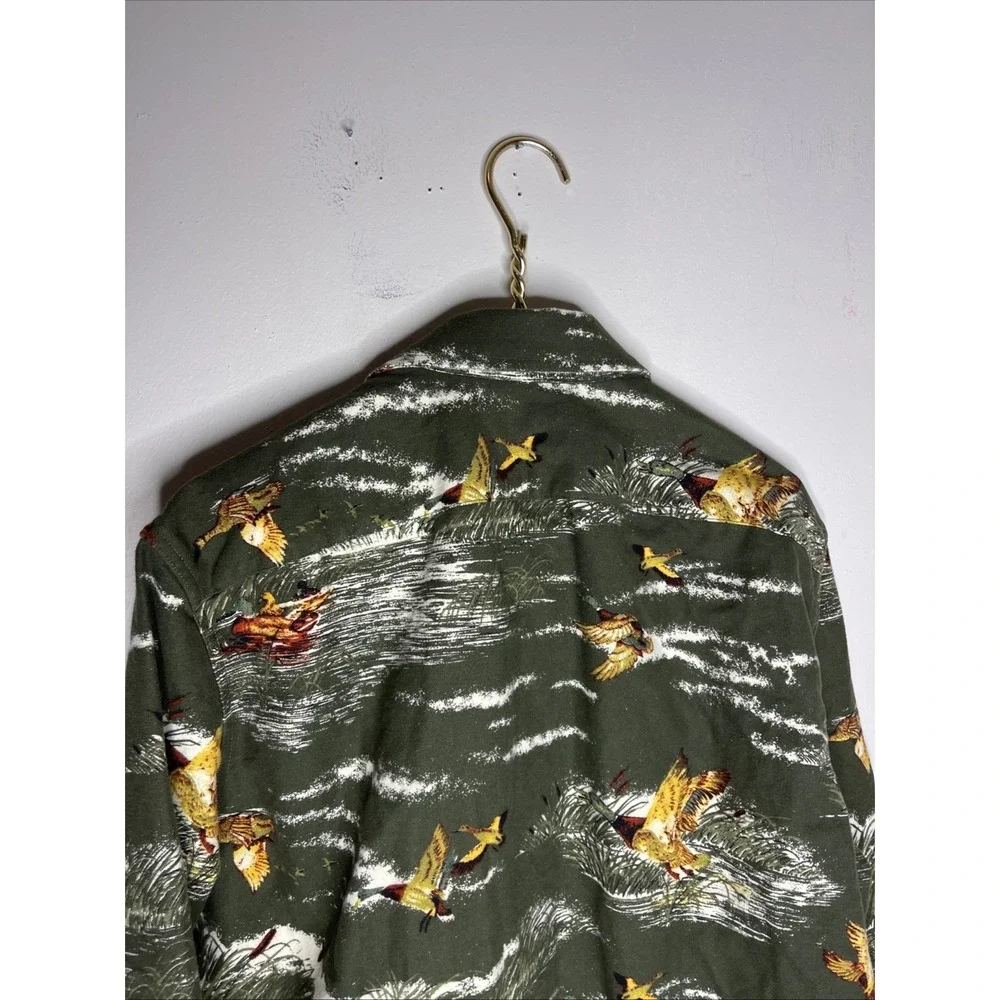 New LL Bean Slim Fit Green Duck Print Flannel Button Down Shirt Large L